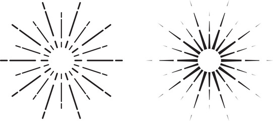 Obraz premium Retro sunburst vector set with radial starburst lines and abstract sunshine rays graphic. Black and white illustration.