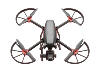 A quadcopter drone with mounted camera and protective guards isolated on transparent background