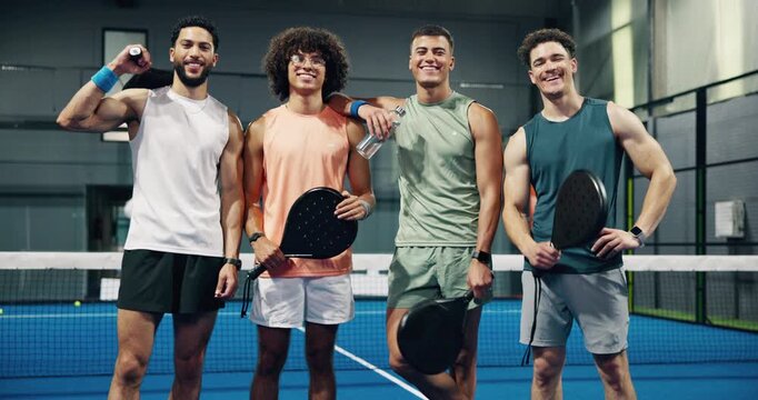 Happy men, face and padel court with team for competition, match or indoor game together. Portrait, male people or tennis players with smile or bat for fitness, sport workout or exercise on turf