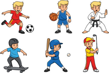 Cartoon boys playing soccer, basketball, karate, skateboarding, baseball, and golf – kids sports activity vector set for education design