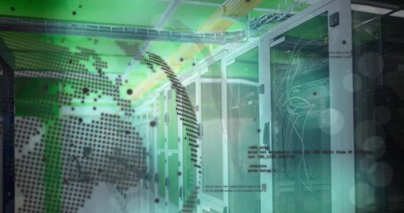 Animation of globe and data processing over computer servers - Powered by Adobe