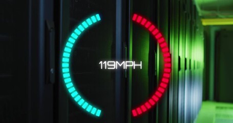 Animation of speedometer and data processing over computer servers - Powered by Adobe