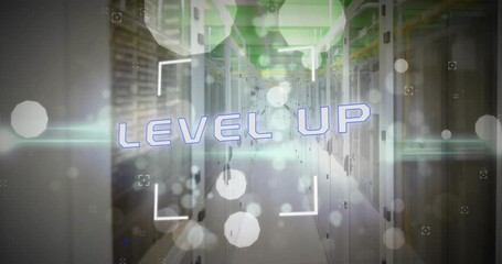 Animation of level up text and data processing over computer servers - Powered by Adobe