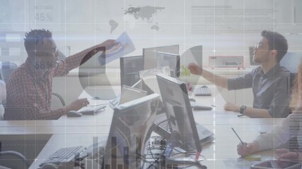 Animation of infographic interface over multiracial coworkers sharing reports in office