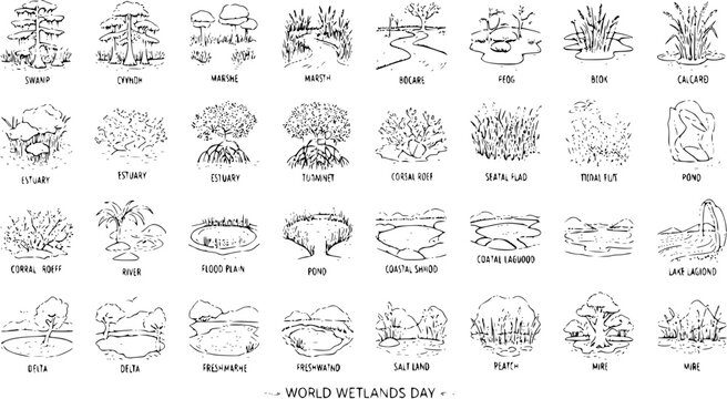 Diverse Wetland Ecosystems Illustrated in Black and White Line Art for Environmental Education