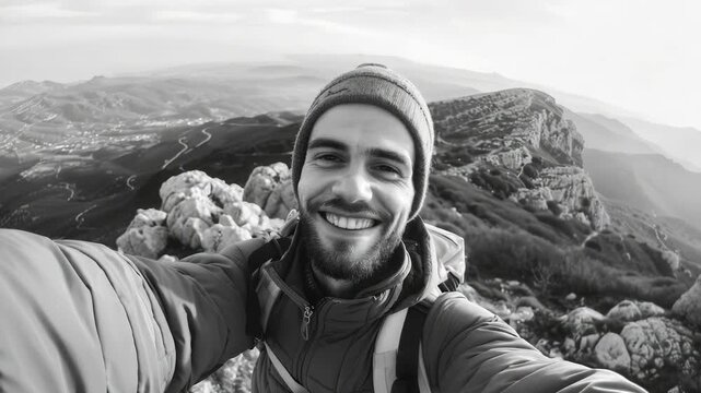 Smiling man posing with scenic mountains in background.