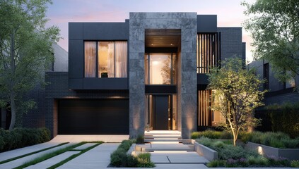 Modern luxury residence with striking dark facade, geometric design, and lush landscaping