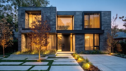 Modern home with stone facade, geometric design, and warm interior lighting