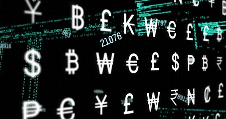 Animation of currency symbols and circular pattern blinking over computer language and numbers - Powered by Adobe
