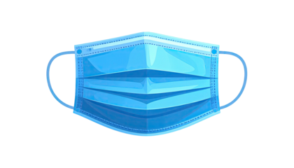 Illustration of a blue, pleated surgical mask, with ear loops, isolated on black background