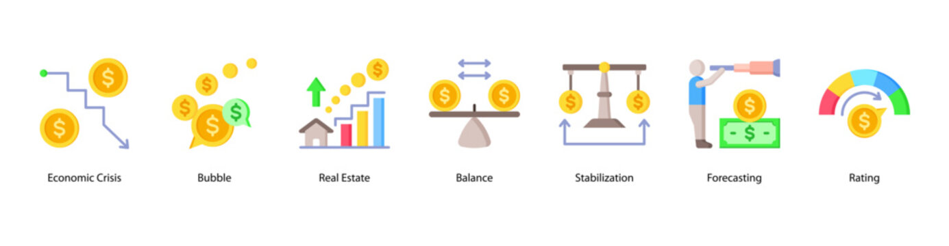Forecasting and Stabilization web banner vector illustration featuring Bubble, Real Estate, Balance, Stabilization, Forecasting, and Rating.