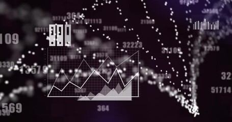 Digital animation of changing numbers, data processing and dna structure against black background - Powered by Adobe