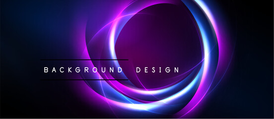 Abstract neon circles, vibrant purple, blue hues. Dark background creates striking visual impact. Modern design element. © antishock