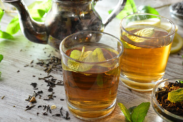 Detail of green tea in glass cups elevated view