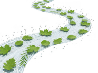 Serene pathway of green leaves in flowing water isolated on transparent background