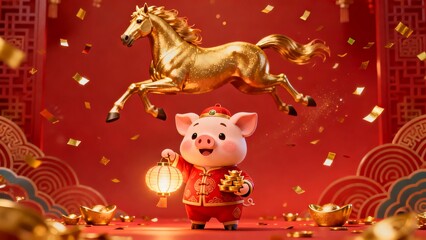 A festive Chinese New Year scene featuring a pig dressed in traditional red attire holding a lantern with a golden horse leaping above amidst confetti and gold ingots.