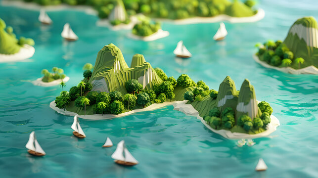 3d Isometric low poly clay style chain of small island