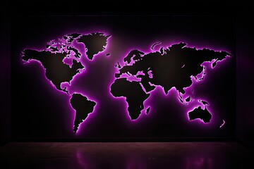 A world map silhouette glowing with vibrant purple light on a dark wall
