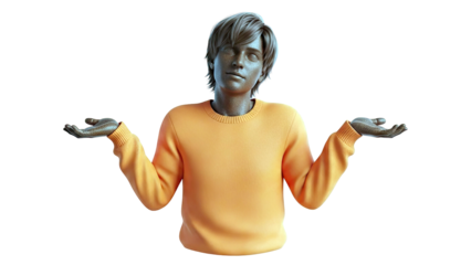 Man Shrugging with Outstretched Arms, Wearing Orange Sweater