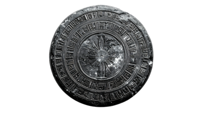 Intricate, dark, circular object with repeating geometric patterns, potentially ancient artifact
