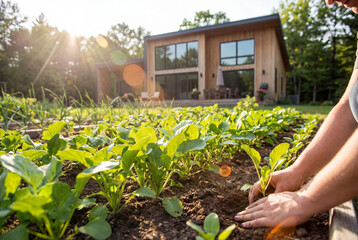 hands planting green seedling in soil with modern wooden house background