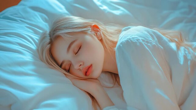 A close-up of a young woman with closed eyes and light skin, peacefully sleeping on white sheets. Soft lighting and gentle colors highlight the tranquility of her rest.