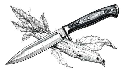 Intricate grayscale illustration of a knife piercing through stylized foliage on a black background