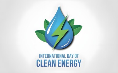 International day of clean energy concept with green lightning bolt and water droplet symbolizing renewable power and sustainability