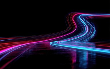Swirling neon light trails on a dark, wet surface, suggesting motion