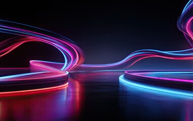 Swirling neon light tubes casting vibrant red and blue reflections on a dark surface