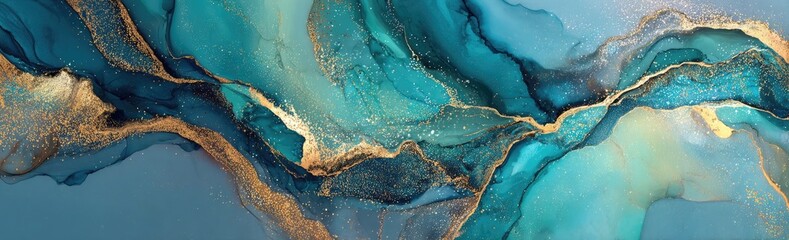 Swirling teal and gold abstract fluid art with deep blue tones