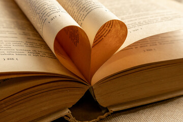 An open book with pages folded into a heart shape, symbolizing a love for reading or a romantic story. A perfect Valentine's theme