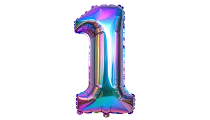 Iridescent number one balloon isolated on a black background, a symbol of first place