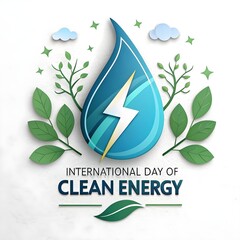 International day of clean energy concept with green lightning bolt and water droplet symbolizing renewable power and sustainability