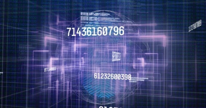 Animation of changing numbers, computer language, fingerprint, lines, globe over abstract background