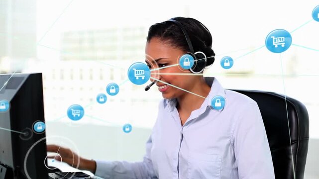 Animation of connected icons over female customer representative taking with customer