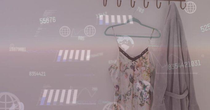 Animation of globes, graphs, changing numbers, hanger and cloth hanged on hook at home