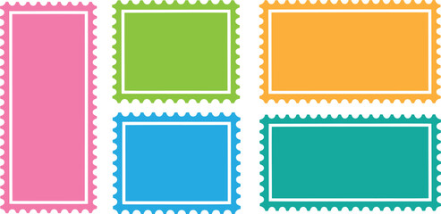 A collection of various colorful blank postage stamp shapes with serrated edges on a white background