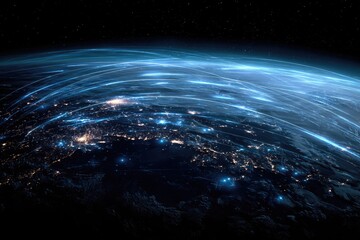 Earth from space at night, illuminated by city lights and ethereal glows