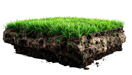 Isolated block of soil with lush green grass, cut to reveal layers and earthy textures