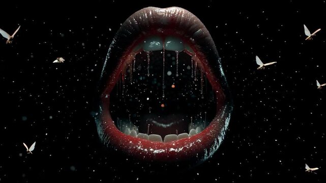 Surreal Open Mouth Dripping Liquid Amidst Flying Doves and Cosmic Sparkles