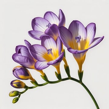 Purple freesia flowers with green stem and buds