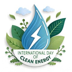 International day of clean energy concept with green lightning bolt and water droplet symbolizing renewable power and sustainability