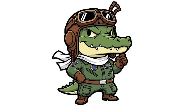 Cartoon Alligator Pilot Character Wearing Aviator Gear.