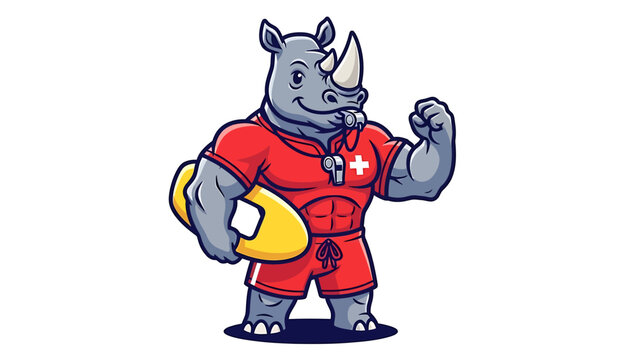Cartoon Rhino Lifeguard Flexing Bicep Holding Buoy.