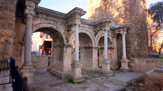 Hadrian Gate, also known as the Uc Kapilar, at the entrance to Antalya Old Town or Kaleici on a sunny day