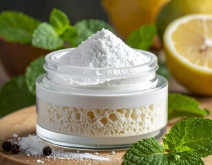 Jar of white powder atop a wooden board, with herbs and citrus