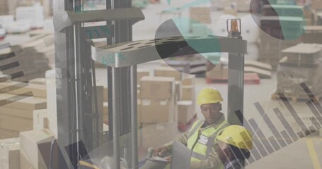 Animation of statistic charts over african american workers in warehouse - Powered by Adobe