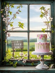 Romantic Pink Floral Cake By Rustic Window With Ivy And Scenic Countryside