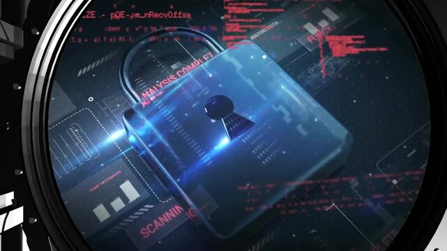 Animation of scanning analysis text, data with padlock security icon and closing vault door